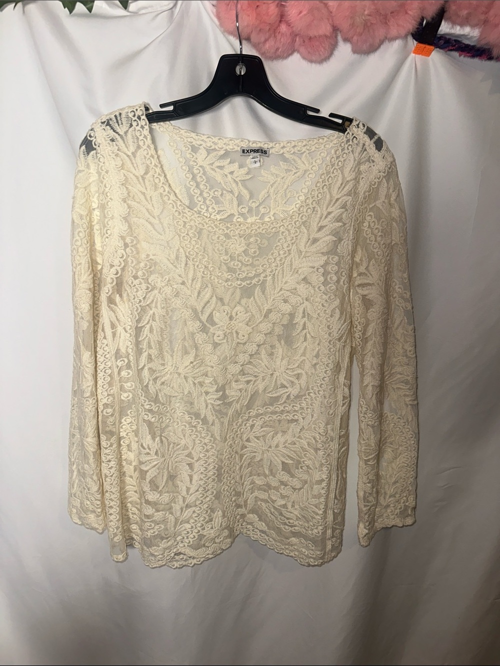 Express Cream Lace Embroidered Long Sleeve Blouse